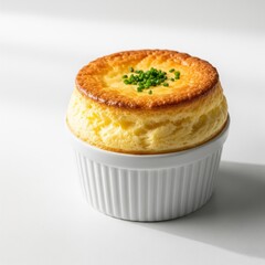 on a white background.Cheese souffle is a French dish.