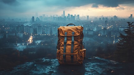 Rugged backpack on a rocky ledge overlooking a misty urban skyline at dawn with dramatic clouds and city lights illuminating the early morning scene