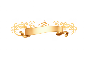 Golden ribbon banner with ornate flourishes on transparent background