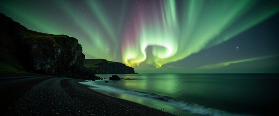 Northern lights illuminating Irish countryside and coastline at night  