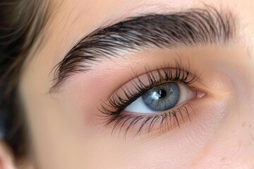 Obraz premium Close up of a woman's eye with perfect eyebrows and long eyelashes after a visit to a beauty salon