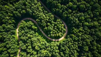 Aerial view of a winding road through a dense green forest with sunlight on the pavement