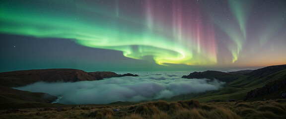 Naklejka premium Northern lights illuminating foggy Irish countryside at night 