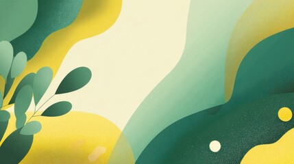 Abstract illustration featuring flowing shapes in green and yellow tones, with organic leaf motifs, creating a vibrant and dynamic visual composition for creative projects