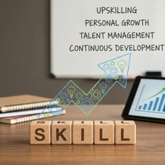 Upskilling learning future skills development concept digital growth arrow icon board office background, positive emotion for career upskilling and learning future Upskilling for future skills