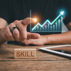 Upskilling learning future development concept digital skill growth chart hand touch tablet Upskilling for future skills