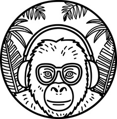 Obraz premium Gorilla wearing headphones and glasses surrounded by tropical leaves in circular frame