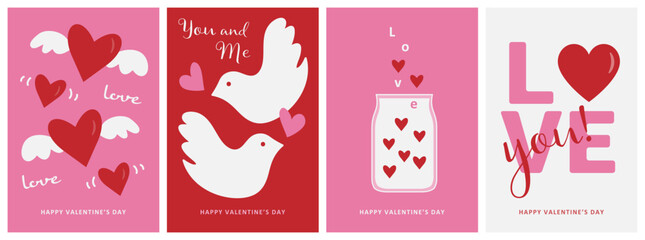 4 Romantic Valentine Card Set. Cute heart motif design. For greeting card, poster, banner and flyer etc.