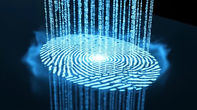 Glowing blue fingerprint with binary code on dark background for cybersecurity concept