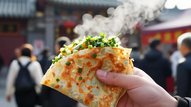 Hand holding steaming Chinese pancake at temple fair