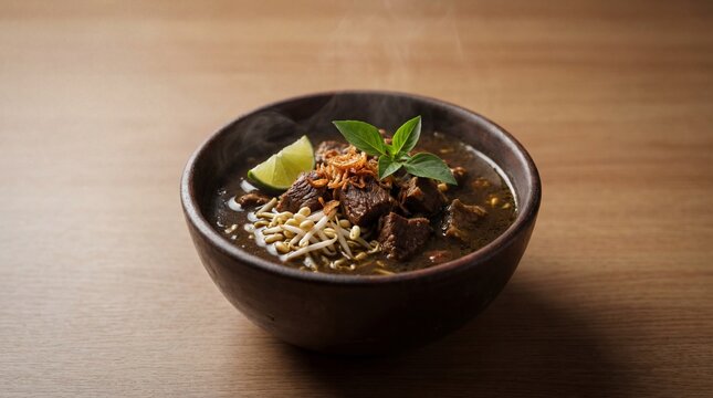 Indonesian rawon beef soup with distinctive black keluak broth, a traditional East Java dish captured in high quality 4K food photography.