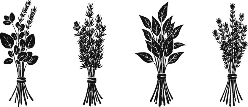 Silhouettes of four tied herb bundles with leaves and stems in black and white