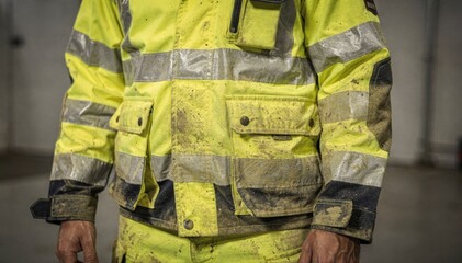 Fototapeta premium Medium shot focusing on abrasionresistant fabric treatment improving durability and wear protection of highvisibility safety workwear.