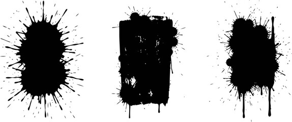Fototapeta premium Black ink splatters and blots on white background, abstract grunge paint drops with irregular edges