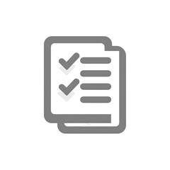 Gray outline of a stack of documents with checkboxes and a checkmark over black