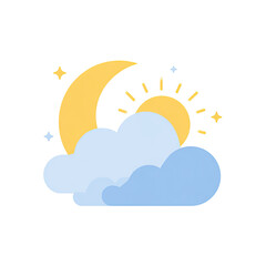 Weather-themed icon featuring a crescent moon, a radiant sun, fluffy clouds, and twinkling stars