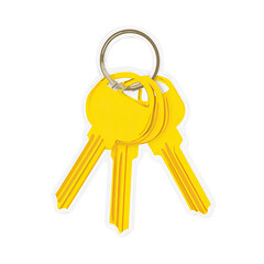 Close-up of three yellow keys attached to a silver ring, set against a black backdrop