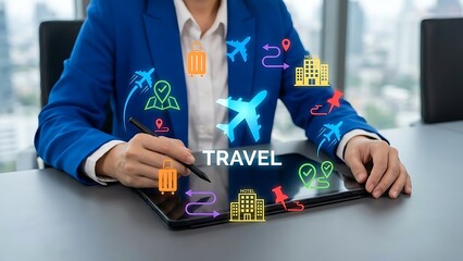 Businessperson planning travel itinerary on digital tablet in office