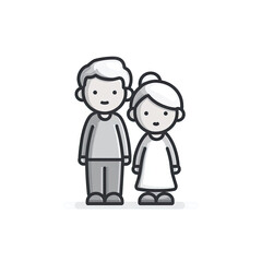 Adorable grayscale cartoon of an elderly couple standing side-by-side, holding hands