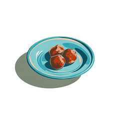 Illustration showing three meatballs on a turquoise plate with a light shadow on black background