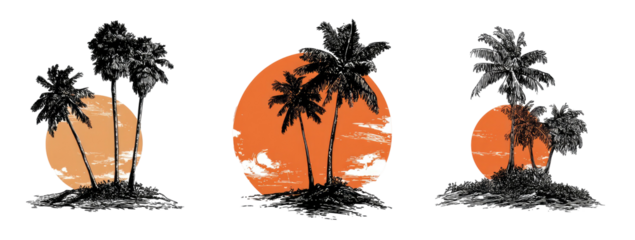 Three stylized island scenes, featuring palm trees and warm sunset backdrops on a black background