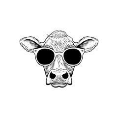 hand drawn illustration logo of a cow wearing black and white glasses