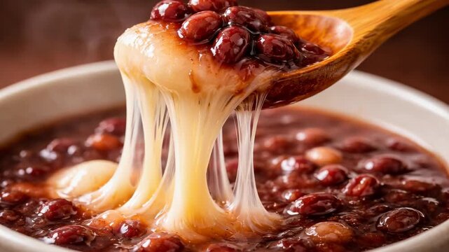 Delicious traditional red bean soup sweet, creamy dessert with melting texture and chewy dumplings, perfect comfort food for all occasions