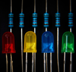 Colorful led diode with black background, close-up.