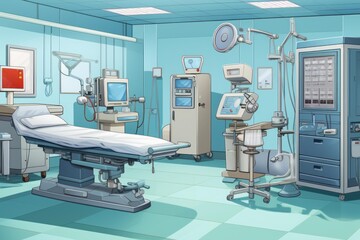 Operating room with surgical table, monitors, and advanced medical equipment ready for treatment