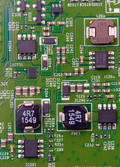 Close-up of electronic circuit board with integrated microchips.