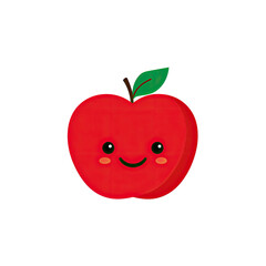 Cartoon illustration of a smiling red apple with a leaf and dark background
