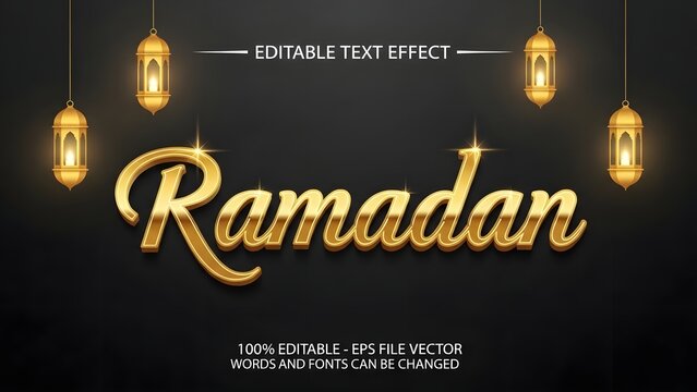 Editable ramadan text effect with golden lanterns on black background vector