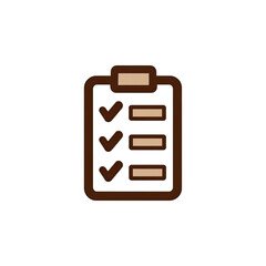 A brown-outlined clipboard with three checked items and empty boxes, on a black background
