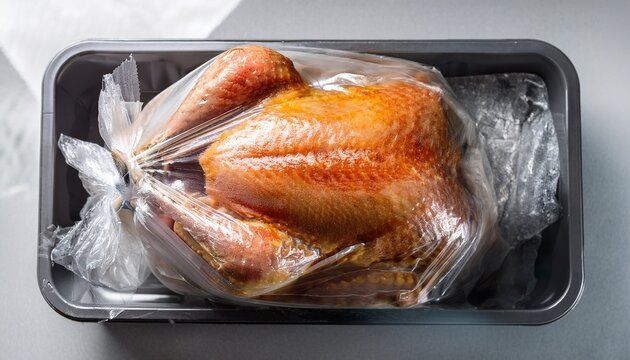 frozen turkey dinner covered with plastic condensation inside
