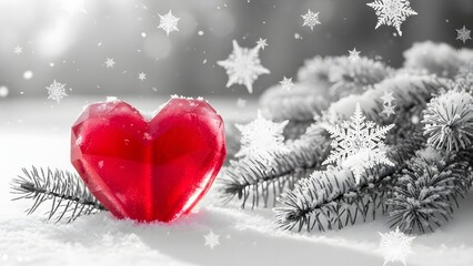 Red crystal heart in winter snow. Christmas love and holiday celebration. Shiny faceted heart ornament resting on snow covered pine branches with falling snowflakes