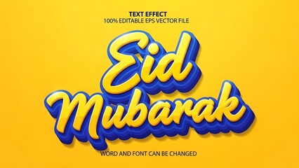 Eid mubarak greeting with yellow and blue text on orange background
