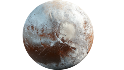 Close-up view of a celestial body with varied surface features, from ice plains to dark regions