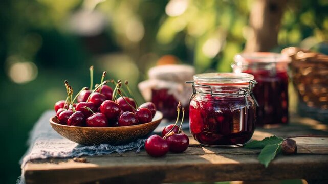 Fresh Homemade Cherry Jam in Glass Jars with Cherries in Bowl, Perfect for Summer Gatherings and Evoking Joyful Abundance
