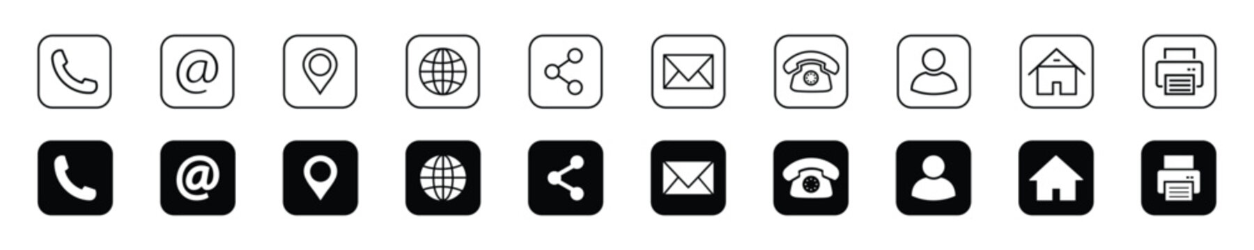 Communication and contact icon set-line icons and solid in square for business card, branding, website and app UI