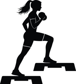 Black Silhouette of Fitness Woman Exercising with Dumbbell on Step Platforms, Female Athlete for Gym Aerobics Workout and Health Vector