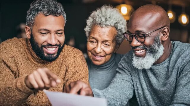 Medium shot of a professional reviewing documents while discussing trustee nomination with family members in a cozy living room setting