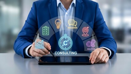 Businessman in blue suit using tablet for consulting services with icons