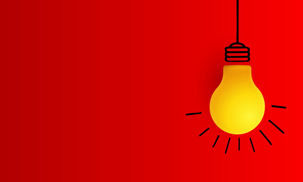 realistic yellow light bulb on red background