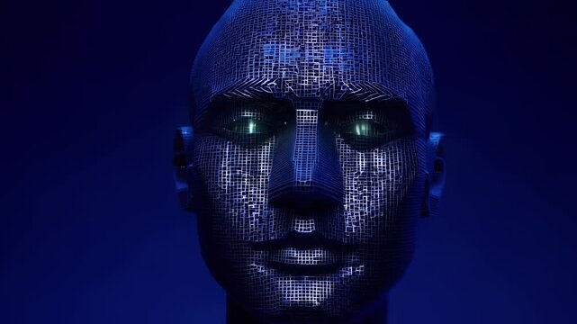 Digital Human Face with Glowing Eyes and Circuit Patterns