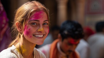 Fototapeta premium Young woman with colorful powder on her face is joyfully celebrating a vibrant festival in a temple courtyard, surrounded by festive atmosphere and cultural expressions
