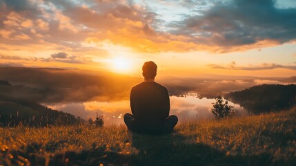 A man sits in meditation on a grassy hilltop overlooking a lake and a vibrant sunset.