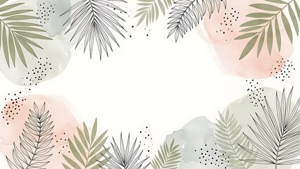 Minimal Botanical Frame with Tropical Leaves and Pastel Watercolor Background