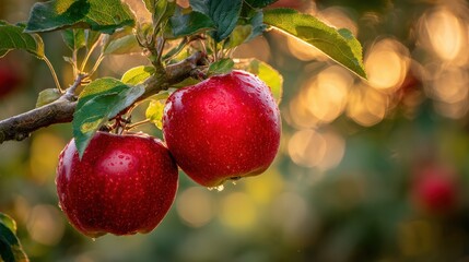 Two ripe, glistening red fruits hang suspended from an orchard branch bathed in warm sunlight.
