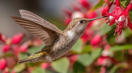 Fototapeta premium A hummingbird with iridescent feathers hovering to feed on nectar from a red flower, capturing its rapid flight and delicate details.