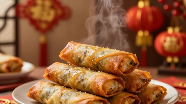 Hot steaming crispy golden spring rolls with lunar new year background